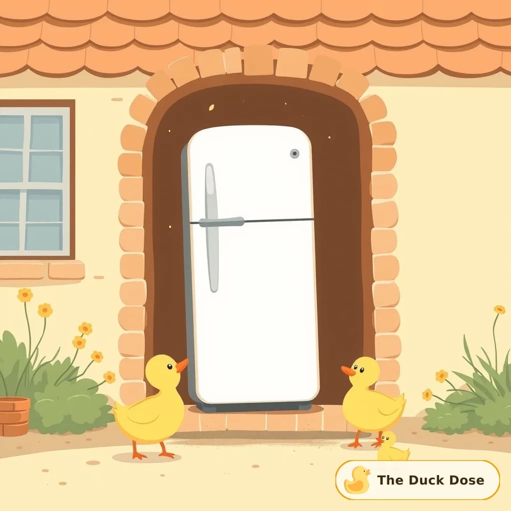 เป็ดสองตัวกำลังทุบผนังรอบประตู เพราะตู้เย็นใหญ่เกินกว่าจะเข้าได้